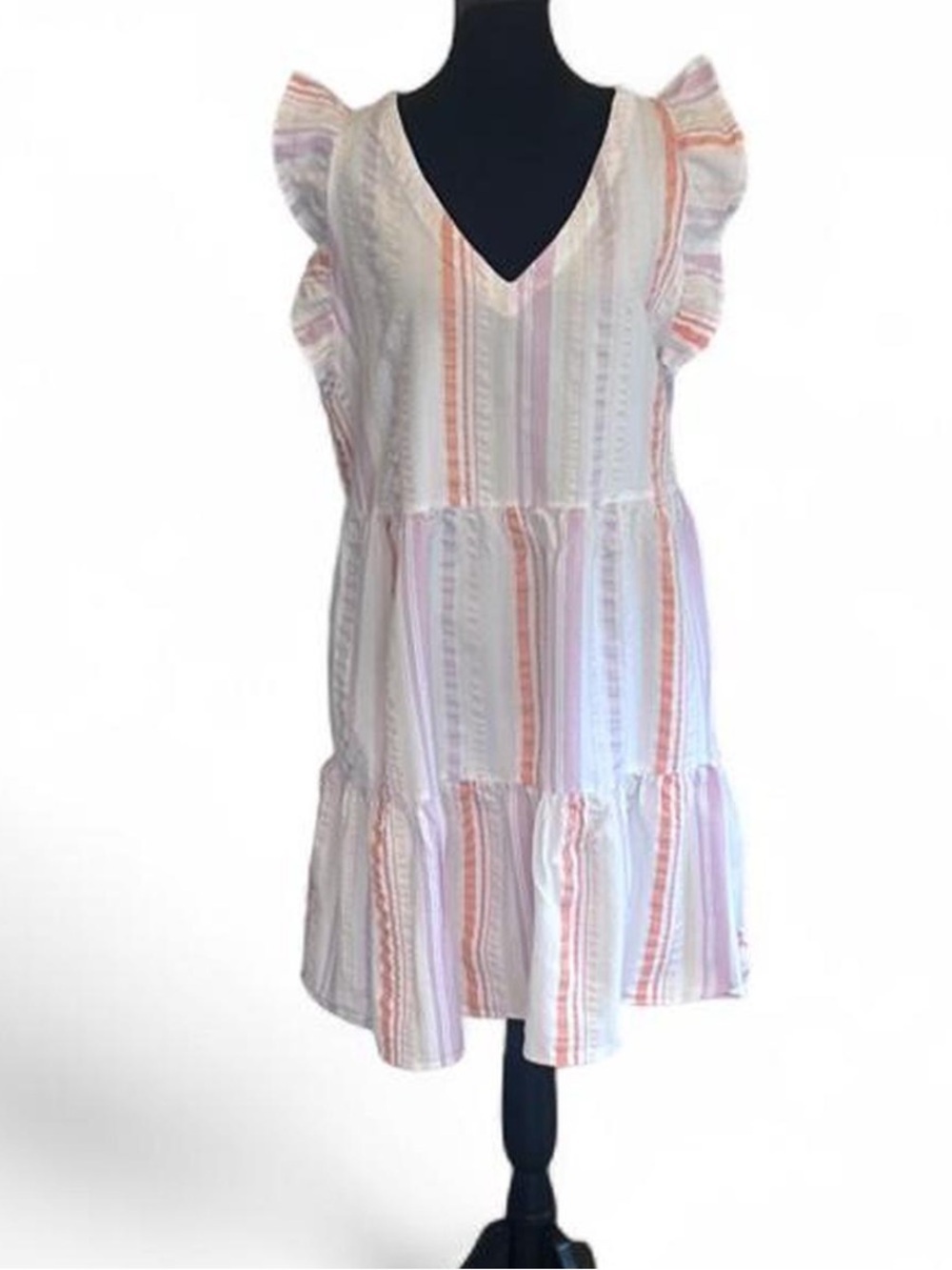 Time And Tru Multicolor Striped Ruffle Sleeve Tiered Dress M Cotton Rayon